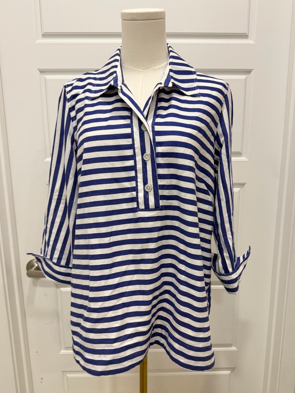 Ali Miles Striped Blue and White Collared Tunic Top
